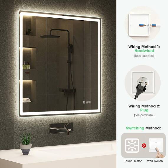 S'bagno Bluetooth-Badspiegel-mit-Beleuchtung-80x80cm, LED-Badezimmerspiegel mit Entfoggen, 3000K-6500K, Dimmbar, Speicher, HD-gehärtetes Glas, IP44-Badezimmer-Spiegel-mit-LED, Horizontal/Vertikal