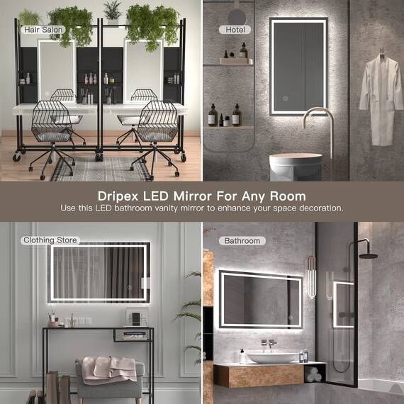 Dripex Badezimmerspiegel Wandspiegel LED Badspiegel mit Beleuchtung mit Touch-Schalter Beschlagfrei Kaltweiß 6400K Energiesparend Lichtspiegel 60x100 cm