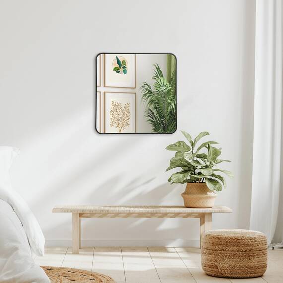 Americanflat 61cm Quadratischer Spiegel mit schwarzem Rahmen & Abgerundeten Ecken - Moderner Wandspiegel Groß für Badezimmer, Schlafzimmer & Wohnzimmer - Quadratischer Wandspiegel zur Wanddekoration