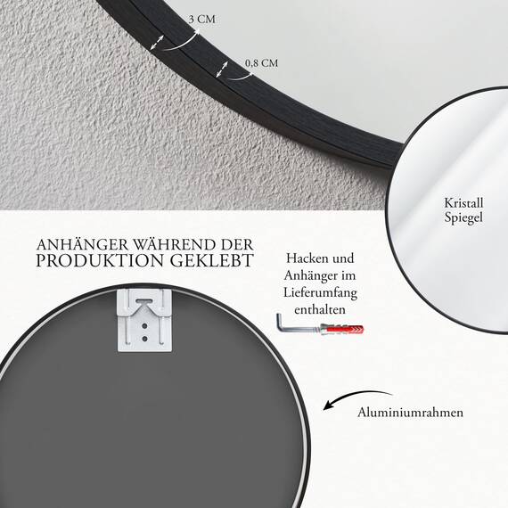 GOLD&CHROME UNIQUE DESIGN Dekorative Wandspiegel Rund ⌀100 cm Aluminiumrahmen - Spiegel Rund Schwarz mit Teflon beschichtet Spiegeloberfläche - Spiegel Wand Pulverbeschichteter Spiegelrahmen 0,9 cm