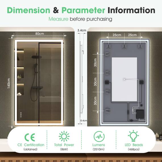 S'bagno Bluetooth-Badspiegel-mit-Beleuchtung-140x80cm, LED-Badezimmerspiegel mit Entfoggen, 3000K-6500K, Dimmbar, Speicher, HD-gehärtetes Glas, IP44-Badezimmer-Spiegel-mit-LED, Horizontal/Vertikal