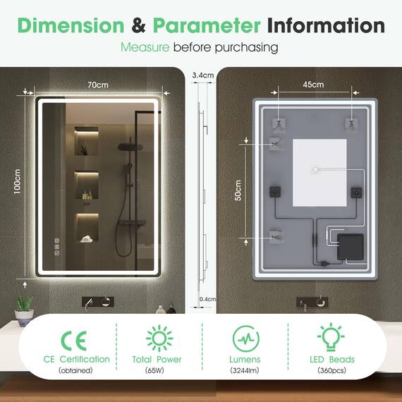 S'bagno Bluetooth-Badspiegel-mit-Beleuchtung-100x70cm, LED-Badezimmerspiegel mit Entfoggen, 3000K-6500K, Dimmbar, Speicher, HD-gehärtetes Glas, IP44-Badezimmer-Spiegel-mit-LED, Horizontal/Vertikal
