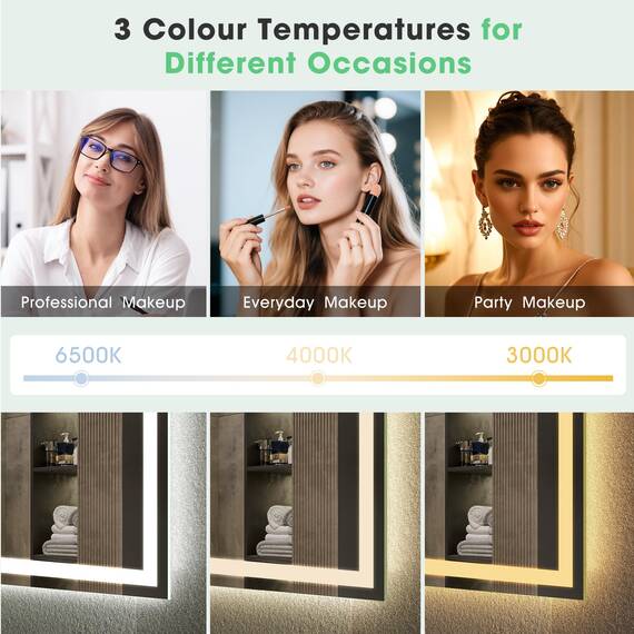 S'bagno Bluetooth-Badspiegel-mit-Beleuchtung-80x60cm, LED-Badezimmerspiegel mit Entfoggen, 3000K-6500K, Dimmbar, Speicher, HD-gehärtetes Glas, IP44-Badezimmer-Spiegel-mit-LED, Horizontal/Vertikal