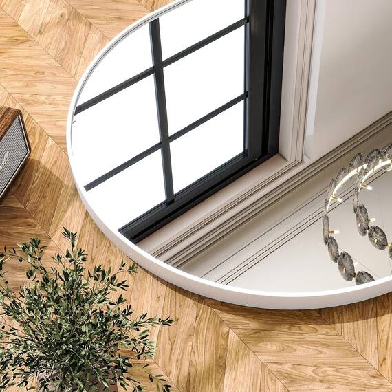 BEAUTYPEAK Bogen Wandspiegel mit Weiß, 76x51 cm Bruchsichere Aluminiumlegierung Rahmen Badspiegel, Kann an die Wand Gelehnt oder Aufgehängt Werden, Standspiegel für Schlafzimmer, Bad und Toiletten