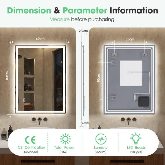 S'bagno Badspiegel mit Beleuchtung 800x600mm,LED Badezimmerspiegel mit Speicher, Entfoggen, 3000K/4000K/6500K, Dimmbar, HD-gehärtetes Glas, IP44 Bad Spiegel mit Licht Horizontal/Vertikal