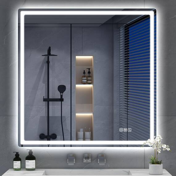S'bagno Bluetooth-Badspiegel-mit-Beleuchtung-80x80cm, LED-Badezimmerspiegel mit Entfoggen, 3000K-6500K, Dimmbar, Speicher, HD-gehärtetes Glas, IP44-Badezimmer-Spiegel-mit-LED, Horizontal/Vertikal