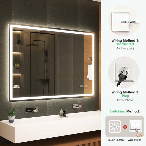 S'bagno Bluetooth-Badspiegel-mit-Beleuchtung-100x70cm, LED-Badezimmerspiegel mit Entfoggen, 3000K-6500K, Dimmbar, Speicher, HD-gehärtetes Glas, IP44-Badezimmer-Spiegel-mit-LED, Horizontal/Vertikal