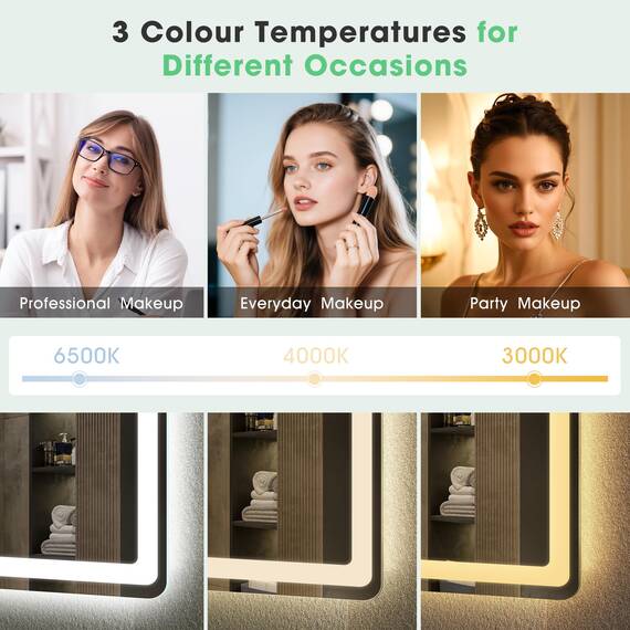 S'bagno Bluetooth-Badspiegel-mit-Beleuchtung-100x70cm, LED-Badezimmerspiegel mit Entfoggen, 3000K-6500K, Dimmbar, Speicher, HD-gehärtetes Glas, IP44-Badezimmer-Spiegel-mit-LED, Horizontal/Vertikal