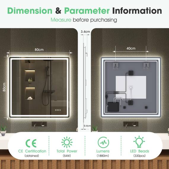 S'bagno Bluetooth-Badspiegel-mit-Beleuchtung-80x80cm, LED-Badezimmerspiegel mit Entfoggen, 3000K-6500K, Dimmbar, Speicher, HD-gehärtetes Glas, IP44-Badezimmer-Spiegel-mit-LED, Horizontal/Vertikal