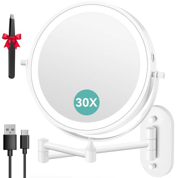 Auxmir Kosmetikspiegel mit Beleuchtung, 1X/30X Wiederaufladbar Schminkspiegel, 3200mAh Rasierspiegel Wandmontage, Dimmbar Vergrößerungsspiegel mit 3 Lichtfarben, 360° Drehbar für Badezimmer und Hotel