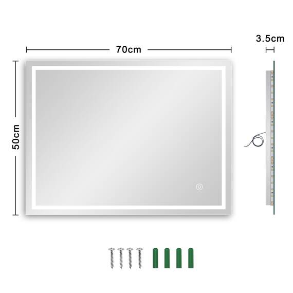 Dripex Badezimmerspiegel Wandspiegel LED Badspiegel mit Beleuchtung mit Touch-Schalter Beschlagfrei Kaltweiß 6400K Energiesparend Lichtspiegel 50x70 cm