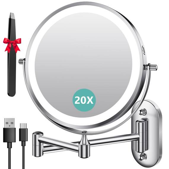 Auxmir Kosmetikspiegel mit Beleuchtung, 1X/20X Wiederaufladbar Schminkspiegel, 3200mAh Rasierspiegel Wandmontage, Dimmbar Vergrößerungsspiegel mit 3 Lichtfarben, 360° Drehbar für Badezimmer und Hotel