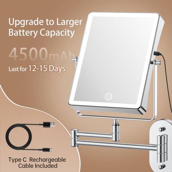 Famihomii Wiederaufladbar Kosmetikspiegel mit LED Beleuchtetung, 4500mAh Schminkspiegel mit 1-/30X Vergrößerung Und Touchschalter Batterie, Dimmbarer Rasierspiegel 360° Schwenkbar Wandmontage (Chrom)