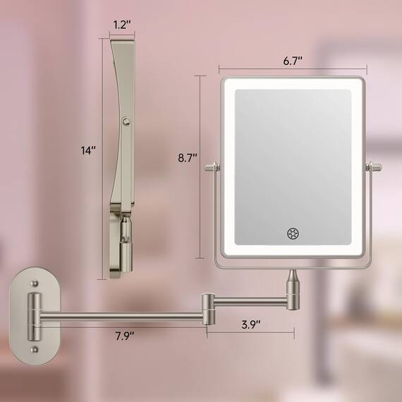 Famihomii 5000mAh Wiederaufladbar Kosmetikspiegel mit LED Beleuchtetung, Schminkspiegel mit 1-/30X Vergrößerung Und Touchschalter Batterie, Dimmbarer Rasierspiegel 360° Schwenkbar Wandmontage (Nickel)