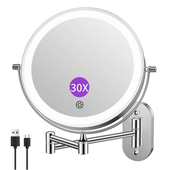 FUNTOUCH 4000mAh Wiederaufladbar Kosmetikspiegel mit Beleuchtetung, 1X 30X Spiegel Vergrößerung Wandmontage, Dimmbarer Rasierspiegel 3 Farben, Touchscreen, 360° Drehbar, Schminkspiegel für Badezimmer