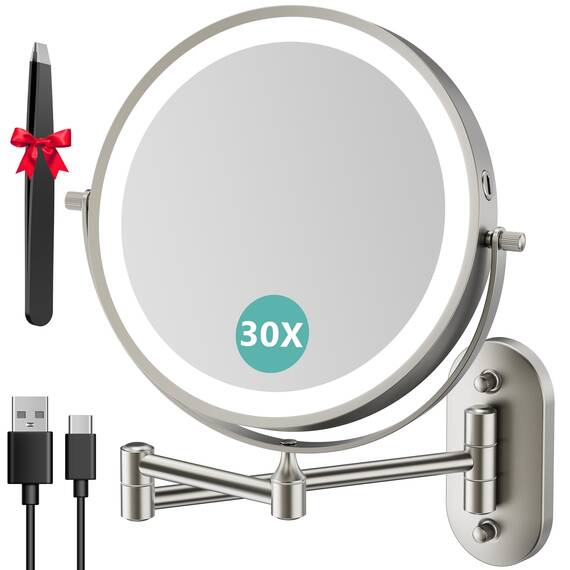 Auxmir Kosmetikspiegel mit Beleuchtung, 1X/30X Wiederaufladbar Schminkspiegel, 3200mAh Rasierspiegel Wandmontage, Dimmbar Vergrößerungsspiegel mit 3 Lichtfarben, 360° Drehbar für Badezimmer und Hotel