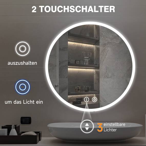 YOLEO LED Badspiegel rund 60x60cm, Badezimmerspiegel mit Beleuchtung, Touchschalter, 3 dimmbare Lichtfarben, Sicherheitsglas, IP44