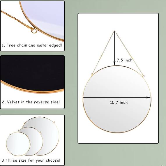 LONGWIN Wandspiegel zum Aufhängen, geometrischer Spiegel, goldfarben, mit Kette, für Badezimmer, Schlafzimmer, Wohnzimmer, 39,9 cm