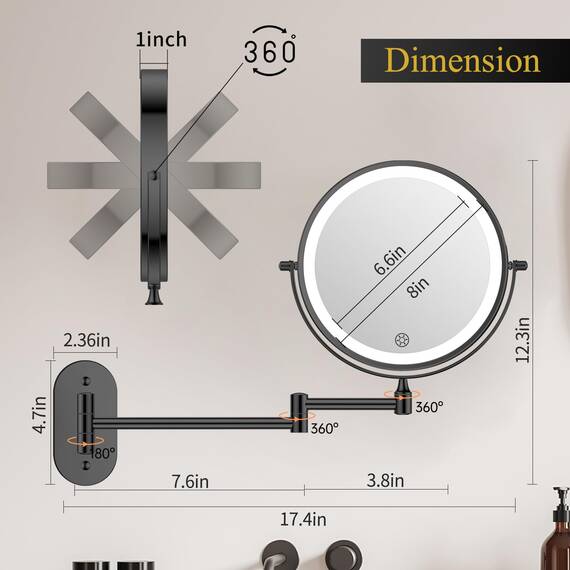 FUNTOUCH 5000mAh Wiederaufladbar Kosmetikspiegel mit Beleuchtetung, 3X 30X Spiegel Vergrößerung Wandmontage, Rasierspiegel mit 3 Lichtfarben, 360° Drehbar für Badezimmer