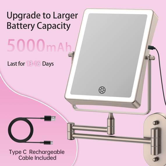 Famihomii 5000mAh Wiederaufladbar Kosmetikspiegel mit LED Beleuchtetung, Schminkspiegel mit 1-/30X Vergrößerung Und Touchschalter Batterie, Dimmbarer Rasierspiegel 360° Schwenkbar Wandmontage (Nickel)