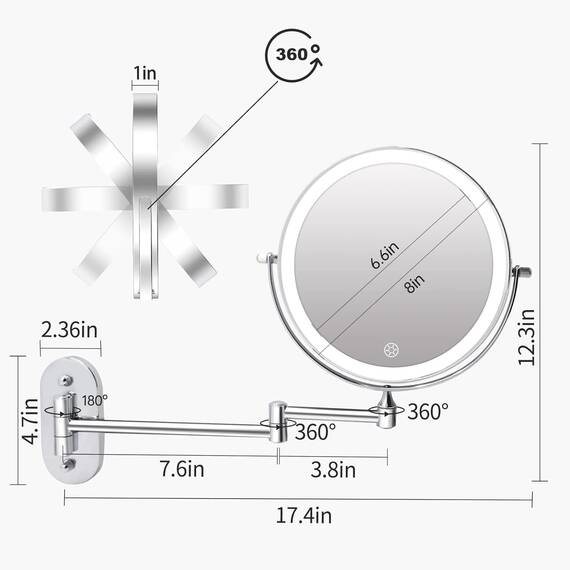 FUNTOUCH 4000mAh Wiederaufladbar Kosmetikspiegel mit Beleuchtetung, 1X 30X Spiegel Vergrößerung Wandmontage, Dimmbarer Rasierspiegel 3 Farben, Touchscreen, 360° Drehbar, Schminkspiegel für Badezimmer