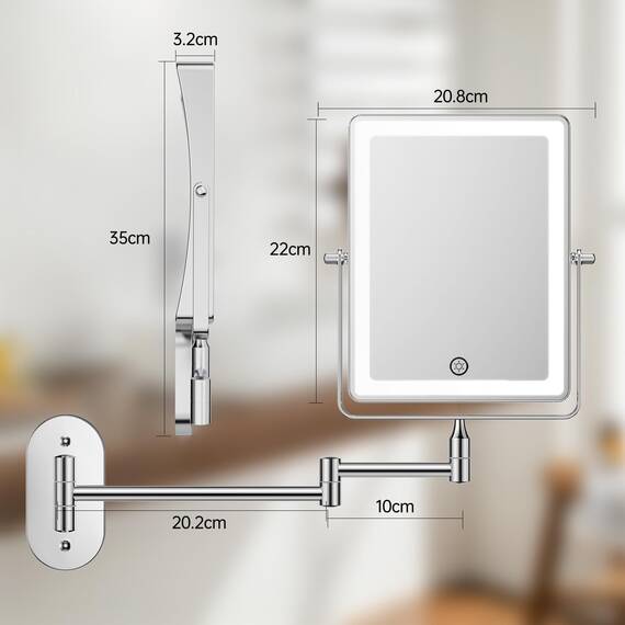 Famihomii Wiederaufladbar Kosmetikspiegel mit LED Beleuchtetung, 4500mAh Schminkspiegel mit 1-/30X Vergrößerung Und Touchschalter Batterie, Dimmbarer Rasierspiegel 360° Schwenkbar Wandmontage (Chrom)