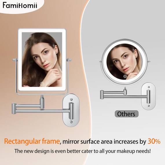 Famihomii Wiederaufladbar Kosmetikspiegel mit LED Beleuchtetung, 4500mAh Schminkspiegel mit 1-/30X Vergrößerung Und Touchschalter Batterie, Dimmbarer Rasierspiegel 360° Schwenkbar Wandmontage (Chrom)