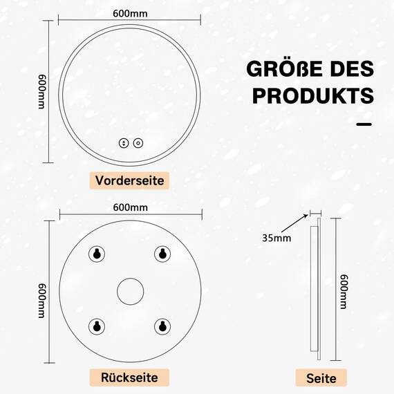 YOLEO LED Badspiegel rund 60x60cm, Badezimmerspiegel mit Beleuchtung, Touchschalter, 3 dimmbare Lichtfarben, Sicherheitsglas, IP44