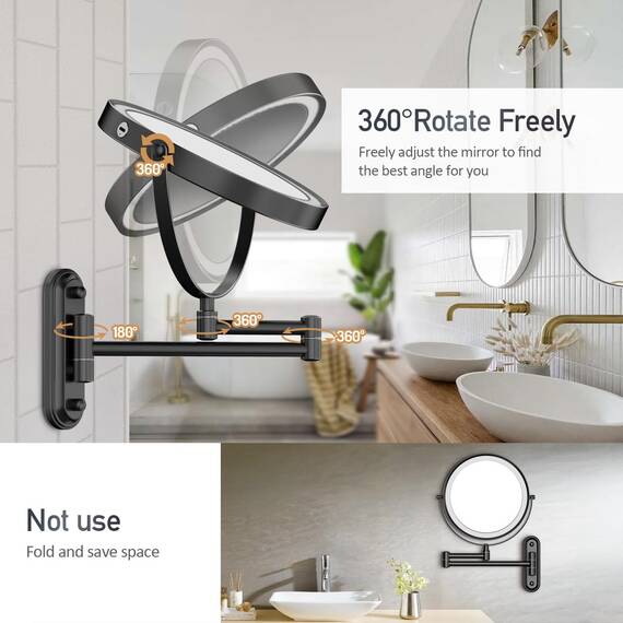 Rocollos Wiederaufladbarer beleuchteter MakeupSpiegel, Chrom, Kosmetikspiegel mit 3 Farblichtern, dimmbarer Touchscreen, 20,3 cm LED, doppelseitig, 1fach10fache Vergrößerung (Schwarz, 1X/10X)