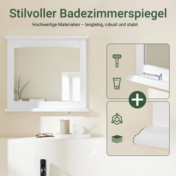 SoBuy Badezimmerspiegel Hängeschrank Spiegelschrank Bad Weiß – Wandspiegel mit Ablage aus E1 MDF & Glas, Badschrank Hängend für Badezimmer 60x6x53,5cm BZR212-W