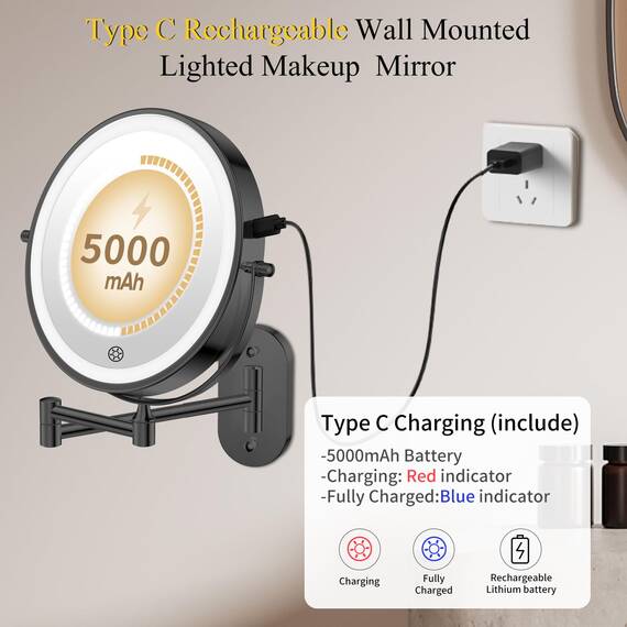 FUNTOUCH 5000mAh Wiederaufladbar Kosmetikspiegel mit Beleuchtetung, 3X 30X Spiegel Vergrößerung Wandmontage, Rasierspiegel mit 3 Lichtfarben, 360° Drehbar für Badezimmer