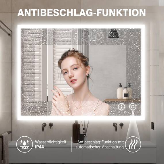 YOLEO Badspiegel mit Beleuchtung 80x60cm, Wandspiegel mit Steckdose, Badezimmerspiegel LED mit Touchschalter, 3 Lichtfarben dimmbar Warmweiß/Kaltweiß/Neutral