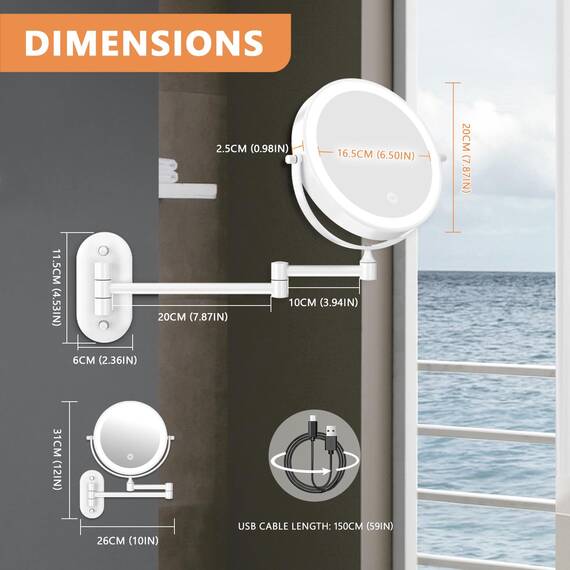 Auxmir Kosmetikspiegel mit Beleuchtung, 1X/30X Wiederaufladbar Schminkspiegel, 3200mAh Rasierspiegel Wandmontage, Dimmbar Vergrößerungsspiegel mit 3 Lichtfarben, 360° Drehbar für Badezimmer und Hotel