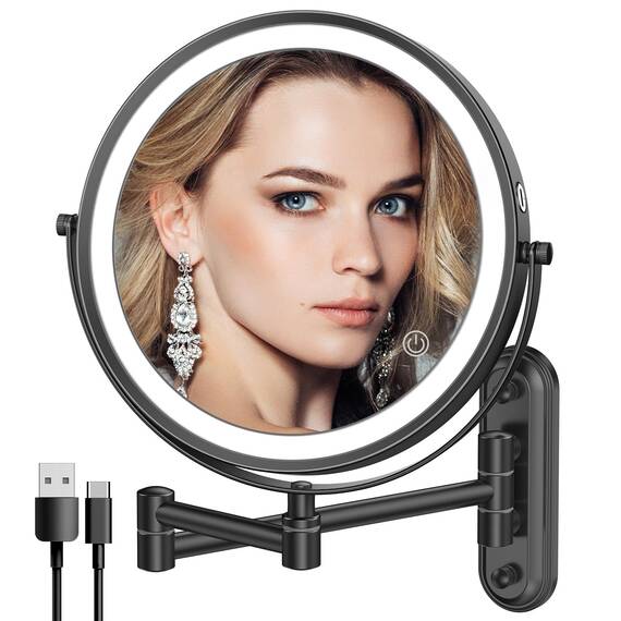 Rocollos Wiederaufladbarer beleuchteter MakeupSpiegel, Chrom, Kosmetikspiegel mit 3 Farblichtern, dimmbarer Touchscreen, 20,3 cm LED, doppelseitig, 1fach10fache Vergrößerung (Schwarz, 1X/10X)