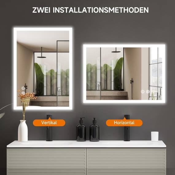 YOLEO Badspiegel mit Beleuchtung, LED Spiegel Wandspiegel mit Steckdose, Badezimmerspiegel LED mit Touchschalter, Lichtspiegel Dimmbar Warmweiß/Kaltweiß/Neutral, 50x70cm,Vertikal/Horizontal