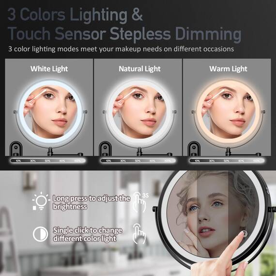 Rocollos Wiederaufladbarer beleuchteter MakeupSpiegel, Chrom, Kosmetikspiegel mit 3 Farblichtern, dimmbarer Touchscreen, 20,3 cm LED, doppelseitig, 1fach10fache Vergrößerung (Schwarz, 1X/10X)