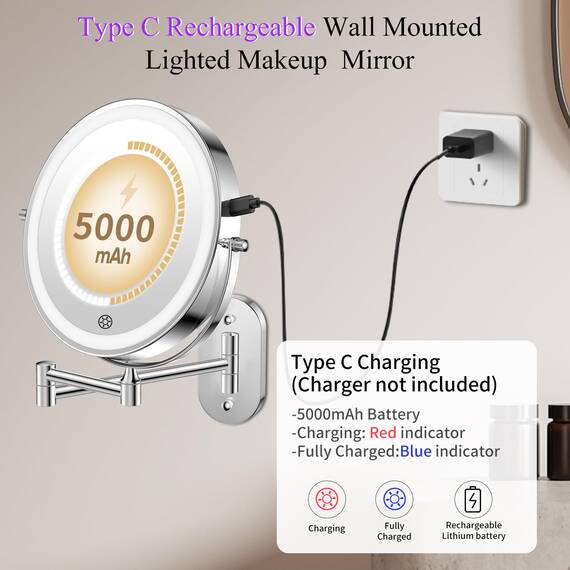 FUNTOUCH 4000mAh Wiederaufladbar Kosmetikspiegel mit Beleuchtetung, 1X 30X Spiegel Vergrößerung Wandmontage, Dimmbarer Rasierspiegel 3 Farben, Touchscreen, 360° Drehbar, Schminkspiegel für Badezimmer