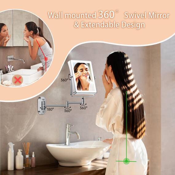 Famihomii 5000mAh Wiederaufladbar Kosmetikspiegel mit LED Beleuchtetung, Schminkspiegel mit 1-/30X Vergrößerung Und Touchschalter Batterie, Dimmbarer Rasierspiegel 360° Schwenkbar Wandmontage (Chrom)