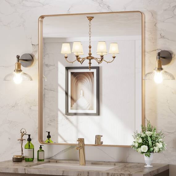 LOAAO Goldener Badezimmerspiegel mit den Maßen 76,2 x 91,4 cm, abgerundeter rechteckiger goldfarbener Rahmen, gebürsteter Gold-Badezimmerspiegel, Wandmontage, rostfreies gehärtetes Glas, kann