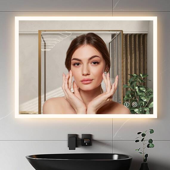 YOLEO Badspiegel mit Beleuchtung, LED Spiegel Wandspiegel mit Steckdose, Badezimmerspiegel LED mit Touchschalter, Lichtspiegel Dimmbar Warmweiß/Kaltweiß/Neutral, 50x70cm,Vertikal/Horizontal