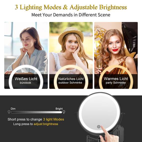 FUNTOUCH 5000mAh Wiederaufladbar Kosmetikspiegel mit Beleuchtetung, 3X 30X Spiegel Vergrößerung Wandmontage, Rasierspiegel mit 3 Lichtfarben, 360° Drehbar für Badezimmer