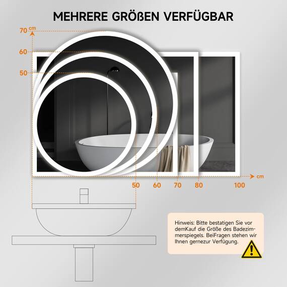 YOLEO Badspiegel rund mit Beleuchtung 70cm, LED Spiegel mit Touchschalter, Badzimmerspiegel LED Beschlagfrei, 3 stufenlos einstellbare Lichtfarbe