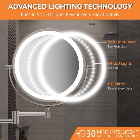 Auxmir Kosmetikspiegel mit Beleuchtung, 1X/30X Wiederaufladbar Schminkspiegel, 3200mAh Rasierspiegel Wandmontage, Dimmbar Vergrößerungsspiegel mit 3 Lichtfarben, 360° Drehbar für Badezimmer und Hotel