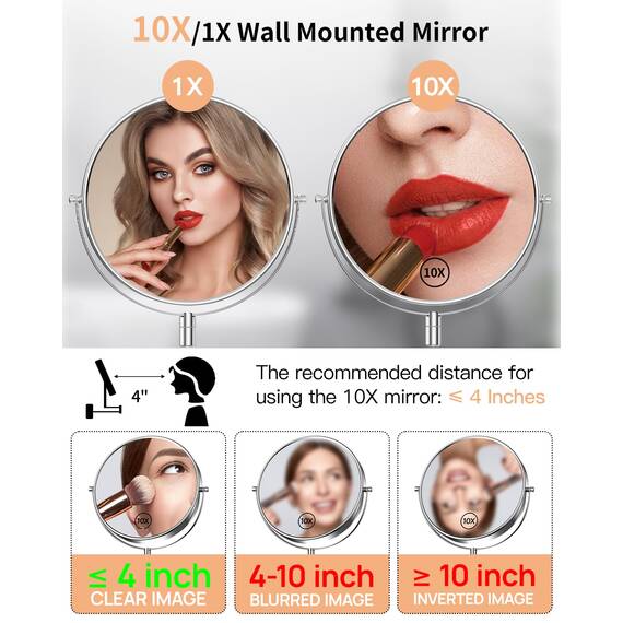 Gospire Extra großer Wandspiegel mit 1x/10-facher Vergrößerung, 360° drehbar und ausziehbar, verchromte Oberfläche für Badezimmer, Rasur und Make-up (Männer und Frauen)