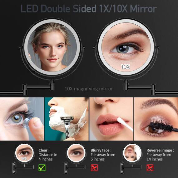Rocollos Wiederaufladbarer beleuchteter MakeupSpiegel, Chrom, Kosmetikspiegel mit 3 Farblichtern, dimmbarer Touchscreen, 20,3 cm LED, doppelseitig, 1fach10fache Vergrößerung (Schwarz, 1X/10X)
