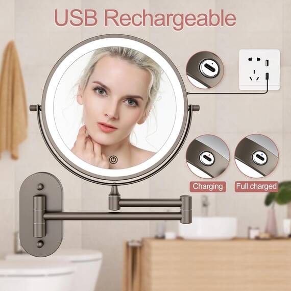 FUNTOUCH Wiederaufladbar Kosmetikspiegel mit 1X/ 10X Vergrößerung, Dimmbarer Rasierspiegel 3 Farben, Touchscreen LED Schminkspiegel, 360° Drehbar, Wandspiegel für Badezimmer und Hotel