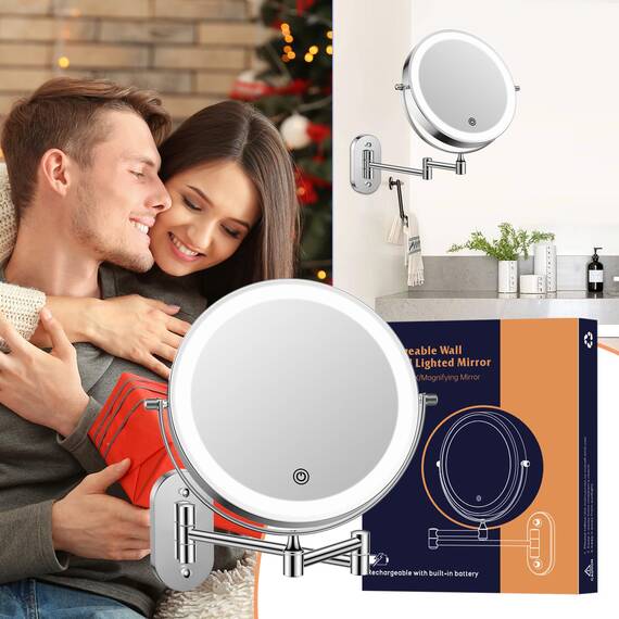 FUNTOUCH 5000mAh Wiederaufladbar Kosmetikspiegel mit Beleuchtetung, 1X 30X Spiegel Vergrößerung Wandmontage, Dimmbarer Rasierspiegel 3 Farben, Touchscreen, 360° Drehbar, Schminkspiegel für Badezimmer