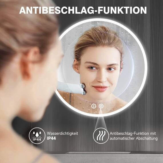 YOLEO LED Badspiegel rund 60x60cm, Badezimmerspiegel mit Beleuchtung, Touchschalter, 3 dimmbare Lichtfarben, Sicherheitsglas, IP44