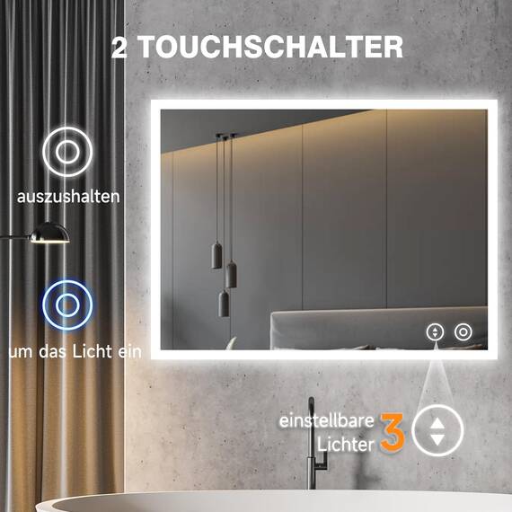 YOLEO Badspiegel mit Beleuchtung 80x60cm, Wandspiegel mit Steckdose, Badezimmerspiegel LED mit Touchschalter, 3 Lichtfarben dimmbar Warmweiß/Kaltweiß/Neutral