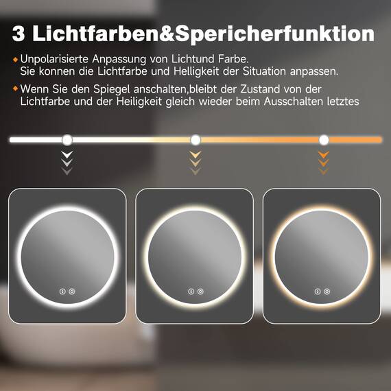 YOLEO LED Badspiegel rund 60x60cm, Badezimmerspiegel mit Beleuchtung, Touchschalter, 3 dimmbare Lichtfarben, Sicherheitsglas, IP44